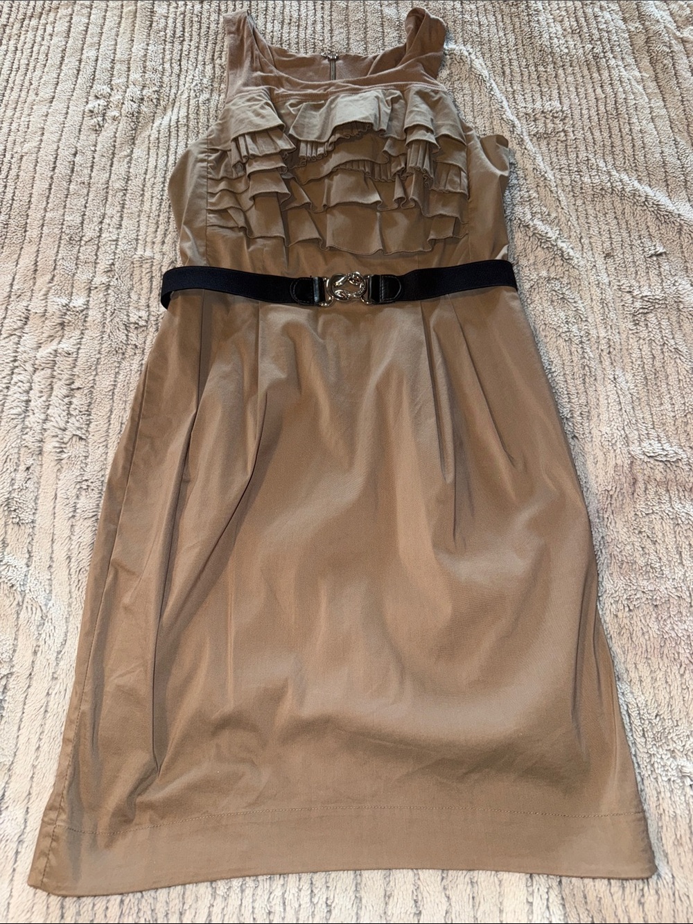 Ruffle Bodice Dress with Contrast Belt in Tan